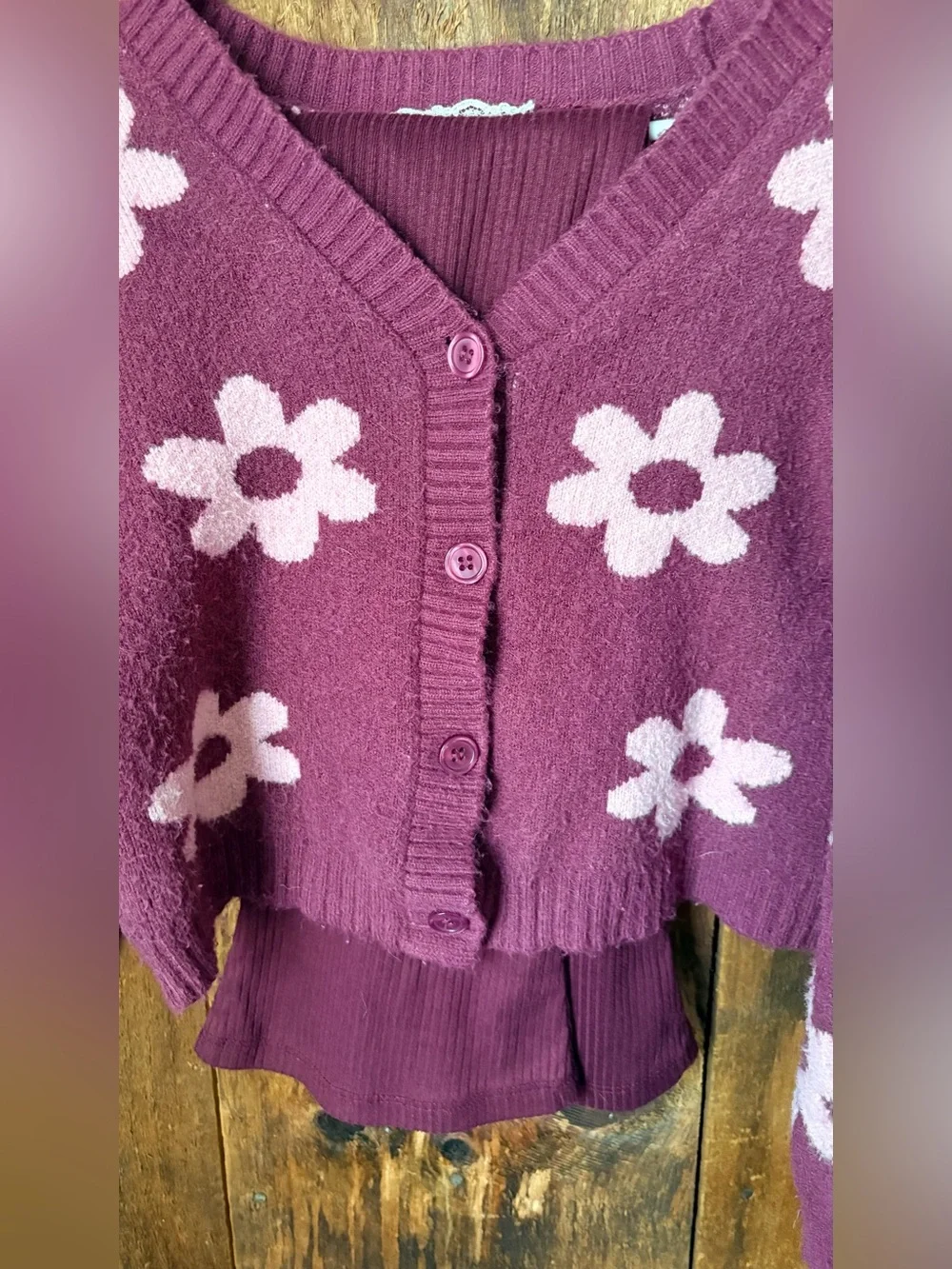 btween Purple Cardigan with Pink Daisy Pattern